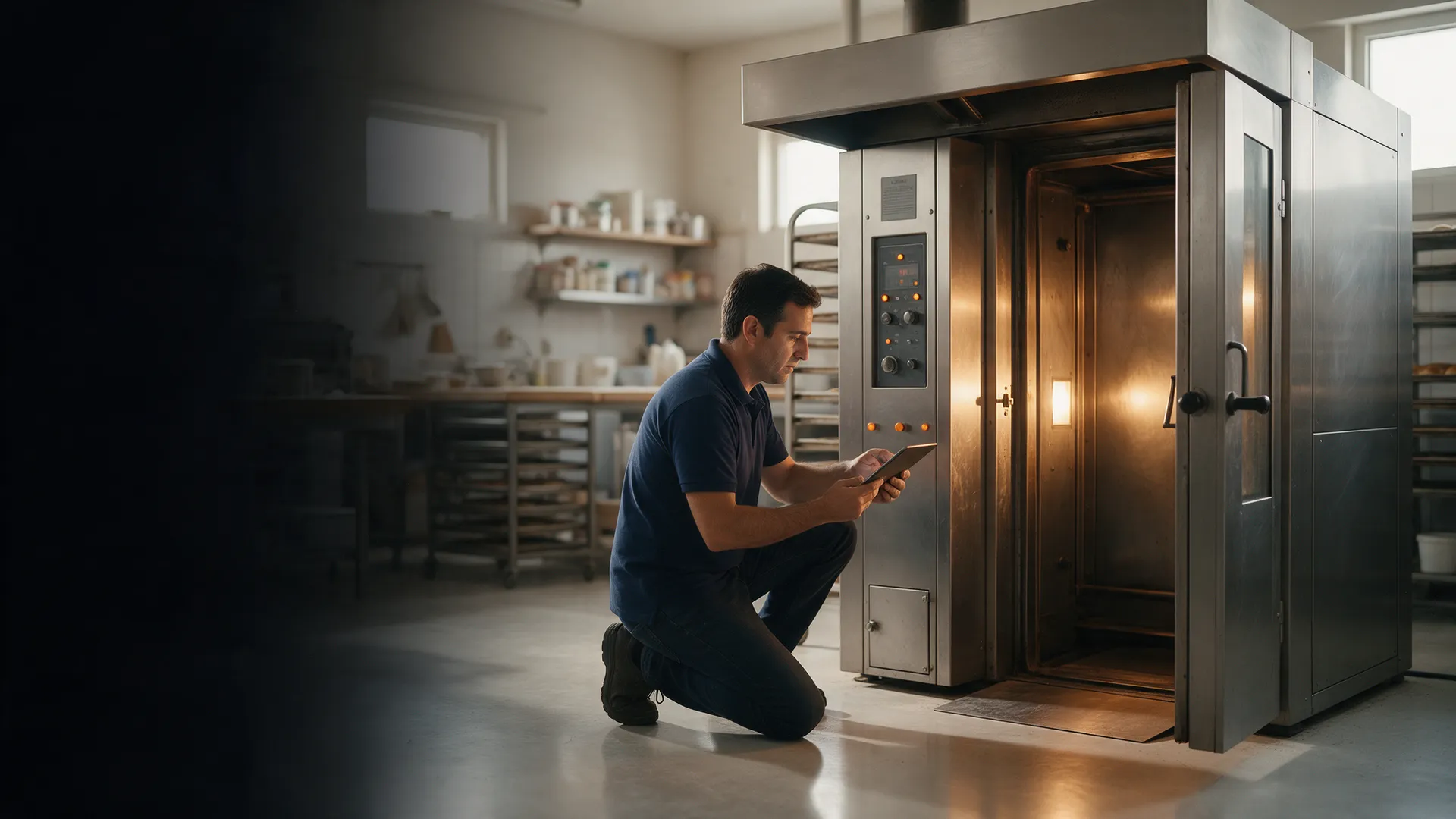 Técnico de Argental revisando un horno rotativo en un obrador